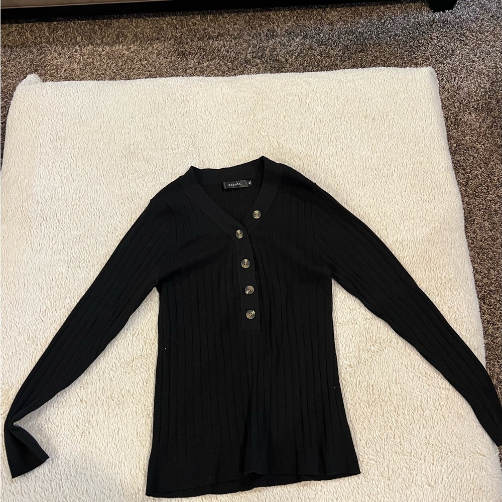 Black Ribbed Button-Up Top